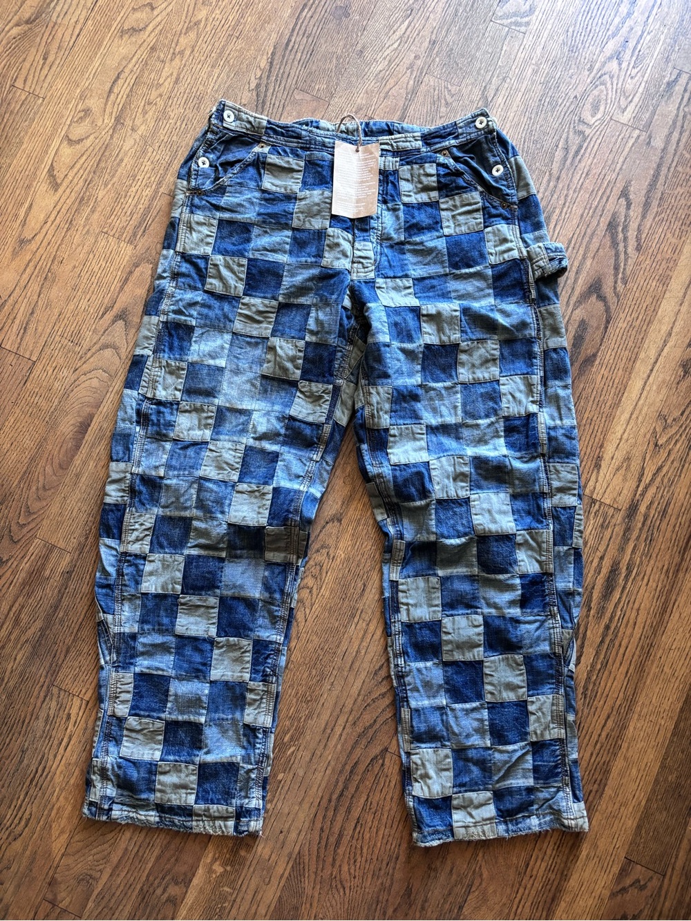 Magnolia Pearl Checkered Denim Patchwork Overall Jeans in Blue and Faded Gray